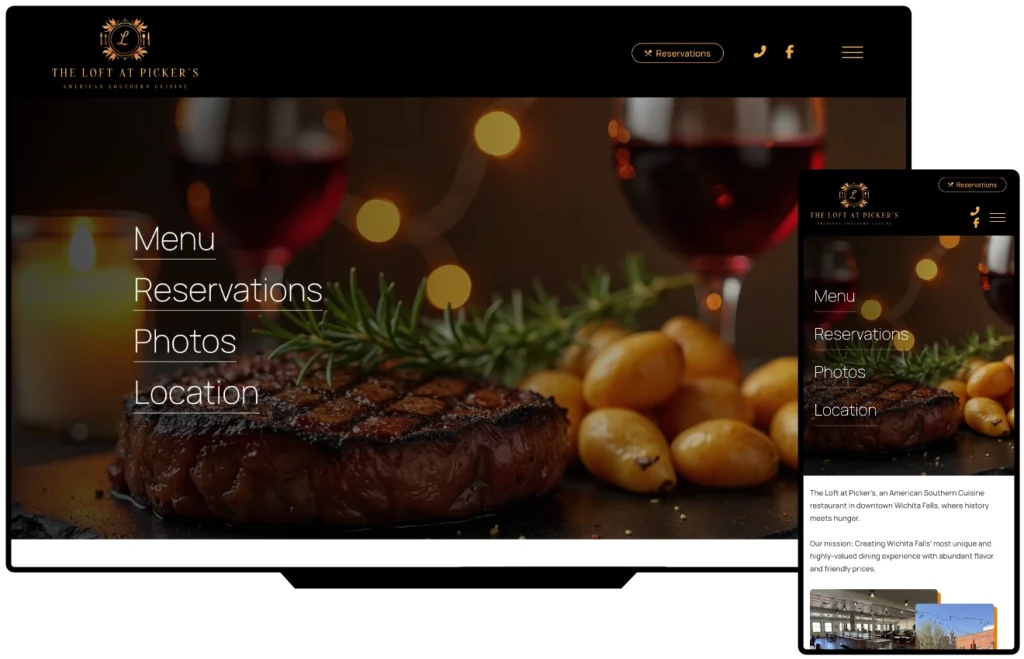 Website for The Loft at Pickers restaurant